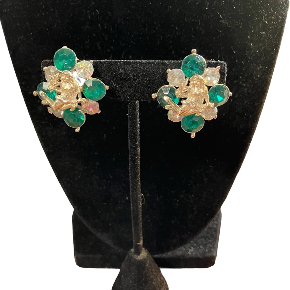 Vintage Art Nouveau Style Fairy Green Rhinestone Clip Earrings Silver Tone